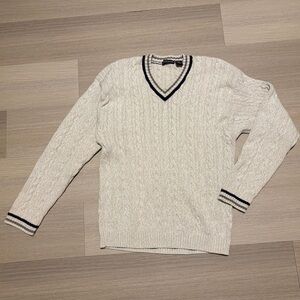 Vintage 90s Dockside Off-White Cable Knit V-Neck Men's Sweater | Varsity | L